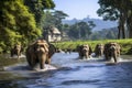 Elephants bathing in the Pinnawala river, Sri Lanka, Elephants bathe in the river, Chiang Mai, Thailand, AI Generated