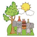 Elephants cartoons with happy birthday icon design