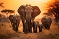 Elephants in Chobe National Park, Botswana, Africa, a herd of elephants walking across a dry grass field at sunset with the sun in Royalty Free Stock Photo