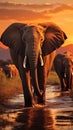 Elephants crossing Olifant River, evening shot, Amboseli National Park, Kenya