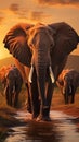 Elephants crossing Olifant River, evening shot, Amboseli National Park, Kenya