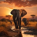 Elephants crossing Olifant River, evening shot, Amboseli National Park, Kenya