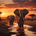 Elephants crossing Olifant River, evening shot, Amboseli National Park, Kenya