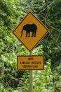 Elephants crossing road sign in Endau Rompin National Park, Johor, Malaysia Royalty Free Stock Photo