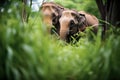 elephants foraging in lush green underbrush