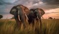 Elephants in a grassland ai, ai generative, illustration