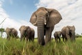 Elephants grazing in a green field