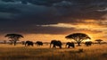African Elephant Herd Silhouetted Against Dramatic Sunset in Savannah Royalty Free Stock Photo