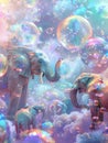 Elephants interact joyfully amidst vibrant, floating bubbles in a magical, whimsical setting under a dreamy twilight sky