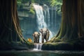 elephants interacting near a jungle waterfall