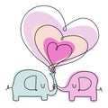 Elephants in Love in Line art style. Cute Line illustration with added color. Royalty Free Stock Photo