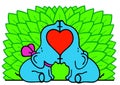 Elephants in love with a red heart between them and green leaves like a fan