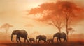 Elephants in the misty forest. 3D illustration.