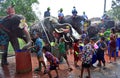 Elephants play water battle with children during Songkran Royalty Free Stock Photo