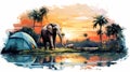 Colorful Abstract Landscapes With Elephants And Dolphins