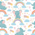 Elephants on rainbow seamless pattern. Magic animal print for kid nursery. Baby elephant in sky with clouds, stars and hearts