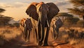 Elephants roam Africa savannah, a tranquil sunset wilderness scene generated by AI Royalty Free Stock Photo