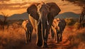 Elephants roam Africa wilderness, a majestic family walking together generated by AI Royalty Free Stock Photo