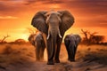 Elephants in the savannah of Namibia at sunset, Herd of elephants in the savanna at sunset, AI Generated Royalty Free Stock Photo