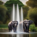 Elephants spraying water into the air, creating a waterworks display in a river1