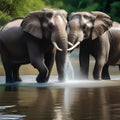 Elephants spraying water into the air, creating a waterworks display in a river4