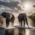 Elephants spraying water into the air, creating a waterworks display in a river2 Royalty Free Stock Photo