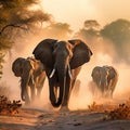 Elephants stampede in the dust.