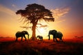Elephants striking silhouette set against the backdrop of a colorful sunset