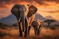 Elephants at sunset in Amboseli National Park, Kenya, Elephants walking by the grass in savannah. Beautiful animals at the