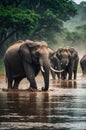 African Elephants Crossing a River in Zambia, Showcasing Wildlife and Natural Habitat Royalty Free Stock Photo