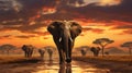 elephants walking across the savannah at sunset