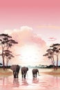 Elephants walking across the water at sunset, AI