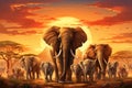 elephants walking in the savannah at sunset Royalty Free Stock Photo