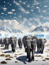 Elephants walking under snowflakes with clouds shaped like hats. Generative AI