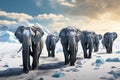 Elephants walking under snowflakes with clouds shaped like hats. Generative AI