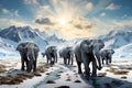 Elephants walking under snowflakes with clouds shaped like hats. Generative AI
