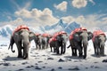 Elephants walking under snowflakes with clouds shaped like hats. Generative AI