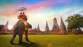 Elephants at Wat Chaiwatthanaram temple in Ayuthaya Historical Park, a UNESCO world heritage site, Thailand Royalty Free Stock Photo