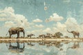 Elephants by a waterhole with vintage effect