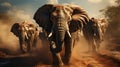 Elephants in wild nature, running on camera. Action wildlife scene with dangerous animal. Loxodonta Africana