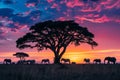 Enchanting Twilight with Elephants and Zebras in Savannah. Generative AI Royalty Free Stock Photo