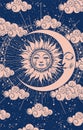 elestial astrology banner with sun and moon with face, vector esoteric poster of zodiac, horoscope, tarot. Creation of