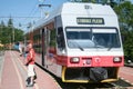 Eletric EMU train from ZSSK slovak railways from TEZ, or Tatra Electric Railway, entering the train station of Smokovec Royalty Free Stock Photo