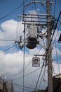 Eletricity line and electricity post the cable on pole, background