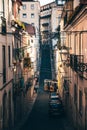 Elevador da Bica, tram, in Lisbon. Old houses, narrow streets, historic old town Portugal