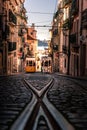 Elevador da Bica, tram, in Lisbon. Old houses, narrow streets, historic old town Portugal