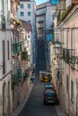 Elevador da Bica, tram, in Lisbon. Old houses, narrow streets, historic old town Portugal