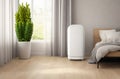 Elevate Your Bedroom: White Modern Air Purifier and Dehumidifier in Beige Brown Wall Decor.