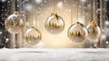 Christmas designs with a background featuring transparent glass balls adorned with snow, suspended from golden ribbons.