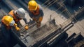 View from above of construction workers wearing masks and safety glasses making steel reinforcement bars. Generative AI